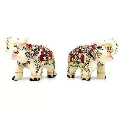 Exclusive Rajasthani Hand Painted Meenakari Marble Elephant Pair Statue Handicra • £138.40