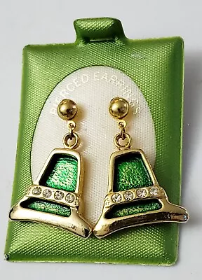 Vintage Irish Leprechaun Hat Green Enamel Rhinestone Pierced Earrings Goldtone  • $24.99