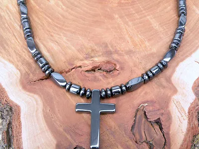 Mens Womens Magnetic Hematite Black Beaded Holy 2 Sided CROSS NECKLACE Therapy • $48.99