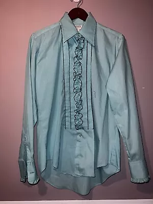 VINTAGE AFTER SIX RUFFLE TUXEDO SHIRT Turquoise PROM WEDDING • $74.99