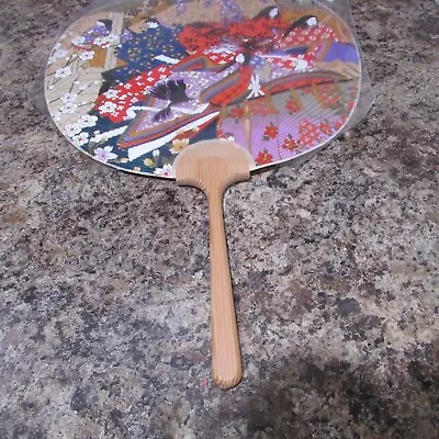 Japanese Flat Fan Hand Held Bamboo Handle Geishas Made In Japan • $14.99