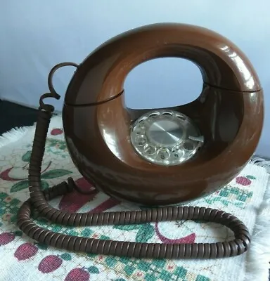  Vtg Sculptura Round Donut Rotary Phone Chocolate Brown USA Bell Desk MCM Works • $135