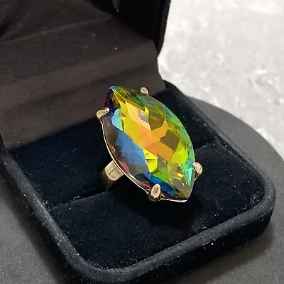 RETRO Rainbow Glass Costume Ring Size J.5 (5) Kitsch Large Marquise Iris Sparkly • £8.99