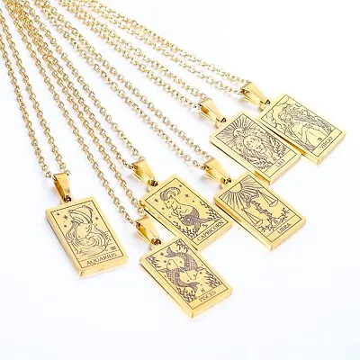 Men Women Stainless Steel 12 Gold Horoscope Zodiac Birth Sign Chain Necklace UK • £3.99