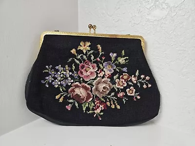 Vtg Petit Point Tapestry Purse Handbag Black Floral Design Gold Handle Sitched!! • $34.99