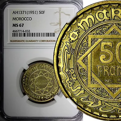 Morocco Mohammed V 1371 (1951) 50 Francs Paris Mint NGC MS67 GEM BU Y# 51 (32) • $70