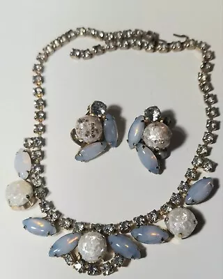 Vintage Moonstone & Rhinestones Necklace/Choker & Clip On Earrings 13  Unmarked • $14.95