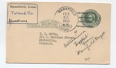 1950 Mansfield CT 4-bar On Postal Reply Card [H.3456] • $5