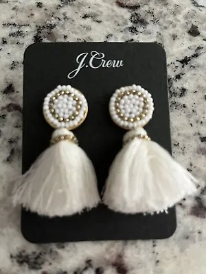 J.Crew NWT Holiday White/ Gold Beaded Tassel Earrings W/ Jewelry Bag • $19.99