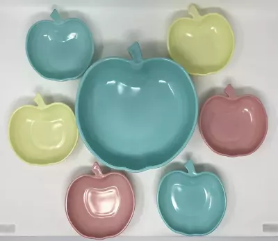 Vtg Hazel Atlas Bowls Orchard Ware Apple Shaped Pastel Serving Bowl + 6 Smaller • $76.99