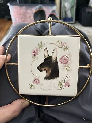 🔥🔥Fantastic 7.25” Round Metal & Hand Painted Ceramic Dachshund Trivet • $14.50