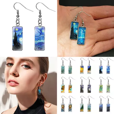 $7.29 • Buy US Rectangle Starry Sky Sunflower Van Gogh Painting Glass Drop Dangle Earrings