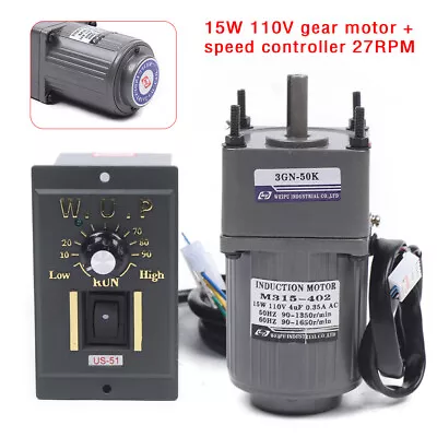 27 RPM High Torque Gear Motor AC Electric Motor Variable Speed Controller 1:50 • $55.10