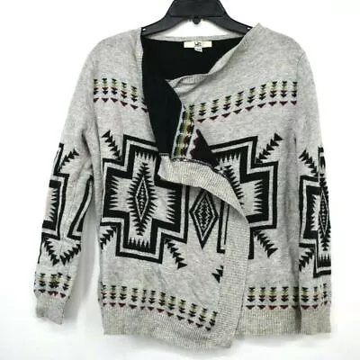 Ya Los Angeles Womens Gray Geometric Print Black Wrap Crossover Sweater Top OS • $17.45