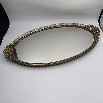 Vintage Brass Oval Vanity Dresser Mirror Tray Gold Floral Filigree Daisies Bows • $31.99