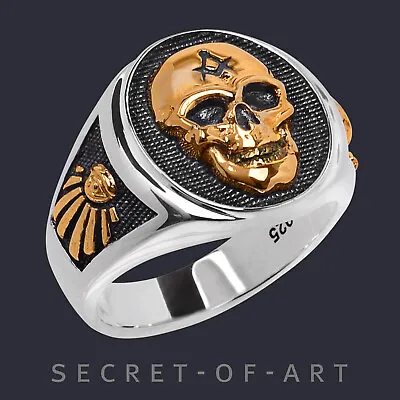 £145.04 • Buy Masonic Ring Skull All Seeing Eye Memento Mori Freemason 925 Silver Gold-Plated