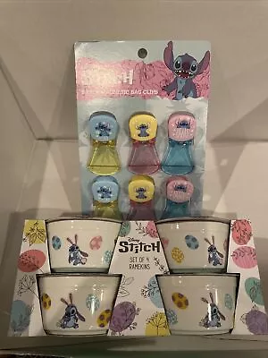 Disney Stitch Easter 4 Baking Ramekins & 6 Pack Spring Magnetic Bag Clips Lot • $39.99