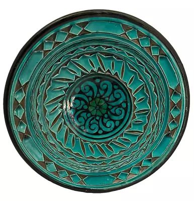 Moroccan Art Pottery Plate Wall Hanging Hand Painted Textured Blue Green • $27
