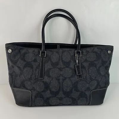 Coach Signature Wool & Leather Shoulder Tote Bag Gray & Black Purse • $89.99