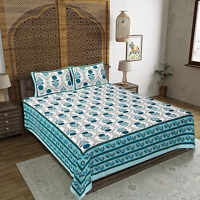 Vintage Bed Sheet Indian 100 % Cotton King Size Bed Sheet With Pillow Covers MF • $39.99