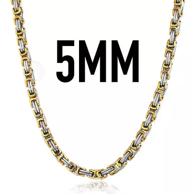 5mm Wide Men Necklace Byzantine Box Chain Gold Plated Titanium Steel 18-36 Inch • $11.99