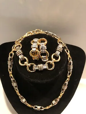 Vintage Paolo Gucci Gold/silver Plated Link Necklace/bracelet/clip Earrings Set • $325