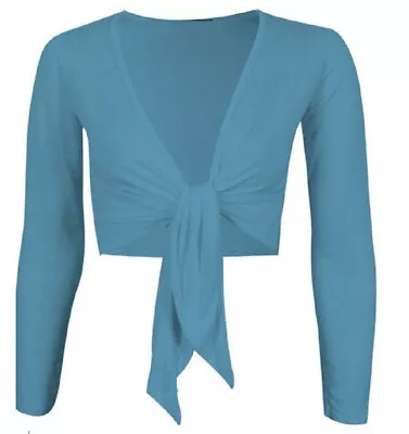 New Ladies Plain Bolero Front TieUp Shrug Women Cropped Long Sleeve Cardigan Top • £6.99