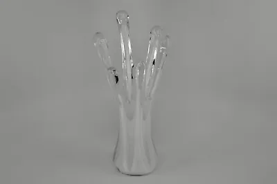 Hand Blown Clear White Heavy Six Finger Swung Art Glass Vase 9.25” Tall • $29.99