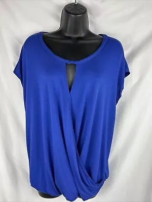 Max Studio Women's Top Size L Blue Short Cap Sleeve Key Hole Neck Knit Shirt • $13