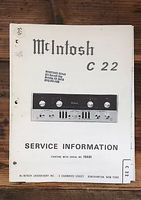 McIntosh C-22 Preamp / Preamplifier  Service Manual *Original* • $59.97