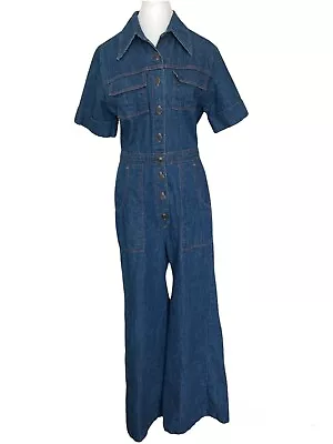 Vintage 70's Button Front Short Sleeve Wide Leg Denim Jumpsuit Size Small/Medium • $150