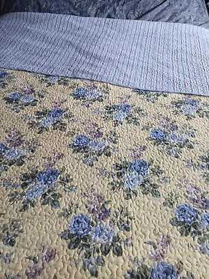 Laura Ashley Linley Quilted Bed Cover Throw Yellow Blue Floral Pinstripe Double • £19.99