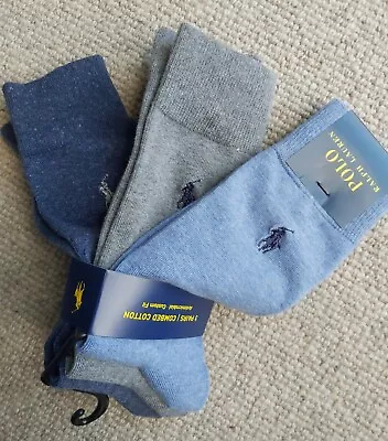 3 Pairs : GENUINE POLO RALPH LAUREN Heather Blue Denim Grey Cotton SOCKS RL11 • £34.50