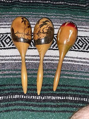 Lot 3 Vintage Maracas Musical Shaker Natural Painted Gourd Wood Acapulco Mexico • $35