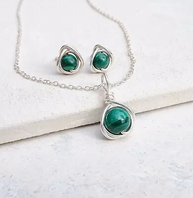 Green Malachite Necklace Set Sterling Silver Handmade May Birthstone Gift Box • £20