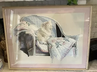 N.A. NOEL  LARGE Framed Matted Cat On A Quilt Beautiful 40” X 32” • $199