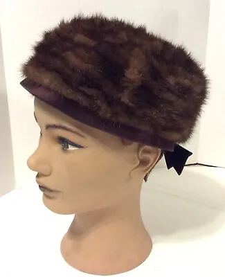 Vintage Dark Mink Pill Box Hat  22  - Bow In Back - Made In USA • $19