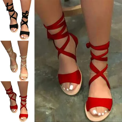 Womens Open Toe Gladiator Sandals Ladies Strappy Summer Comfy Lace Up Flat Shoes • £15.53