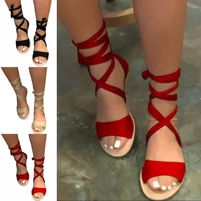 Womens Open Toe Gladiator Sandals Ladies Strappy Summer Comfy Lace Up Flat Shoes • £12.06