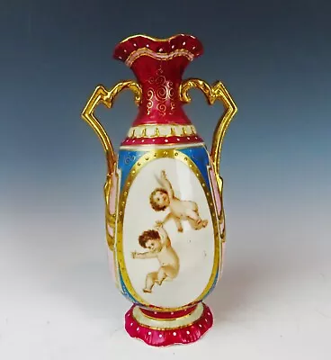 Porcelain Austrian Hand Painted Cherub Vase 6  Tall Spurious Vienna Mark • $49.95