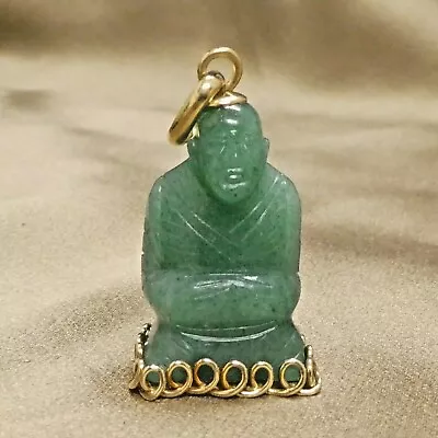 Vintage 14k Yellow Gold Green Jade Buddha Pendant 1 1/2  • $358.80