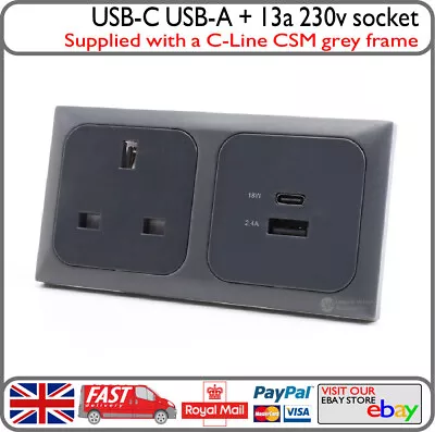 Grey C-Line 12v USB-C USB-A Socket & 240v 13a Wall Socket Camper Motorhome Boat • £27.99