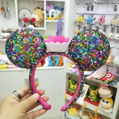 US Disney Parks Happy Birthday Minnie Mickey Ears Cupcake Cake Sequined Headband • $16.49