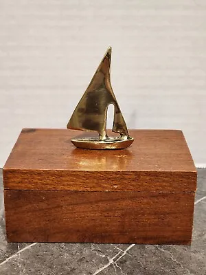 $14.99 • Buy Vintage Wood Jewelry / Trinket Box Chest 5x3 With Brass Sailboat On Lid