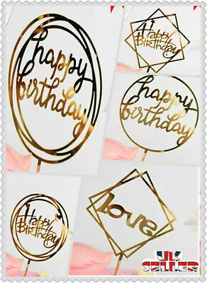 UK New Love Happy Birthday Cake Topper Card Acrylic Party Decor Supplies Gold • £1.75