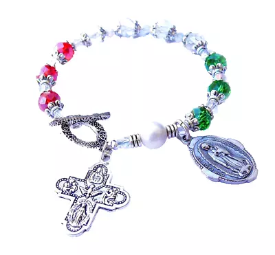 Our Lady Of Guadalupe Crystal Mexican Color 7 1/2  Silver Plate Rosary Bracelet • $32.99