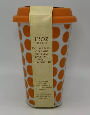 Orange Polka Dot Lenox Double Walled Ceramic 12oz Thermal Mug With Silicone Lid • £26.56