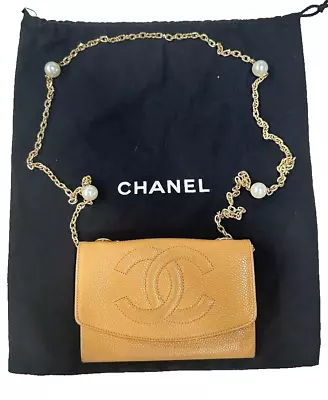 Chanel 1990s Tan Caviar Mini Wallet On Pearl Chain With Dust Bag • $800