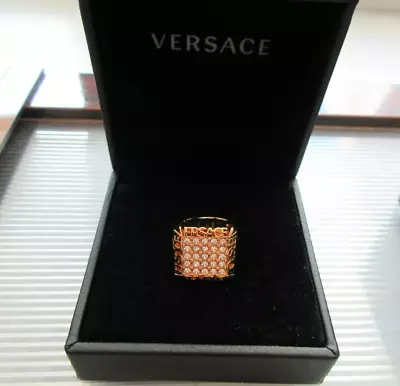 NEW AUTHENTIC VERSACE Logo CRYSTAL RING SIZE ITALY 15 USA 7 LIGHT GOLD METAL • $299