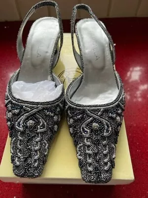 Ladies Beaded Shoes Size 38 Sling Back Square Toe & Heel By Farfalla • £25